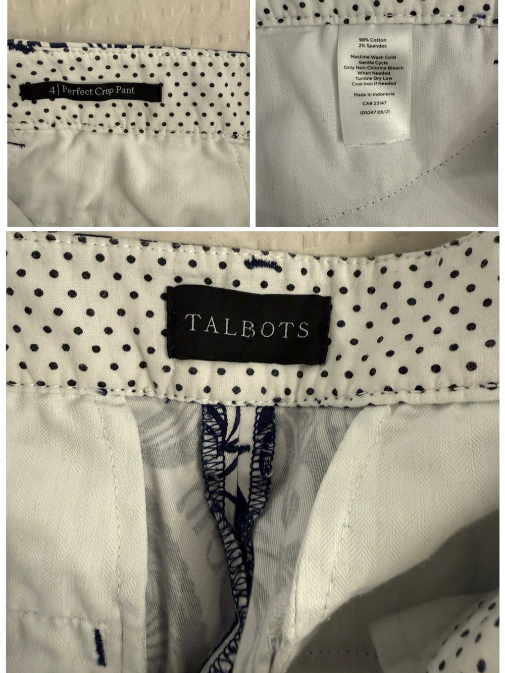 Talbots Perfect Crop Pants Blue White Paisley Capri Ankle Pants Preppy Coastal - Picture 12 of 15